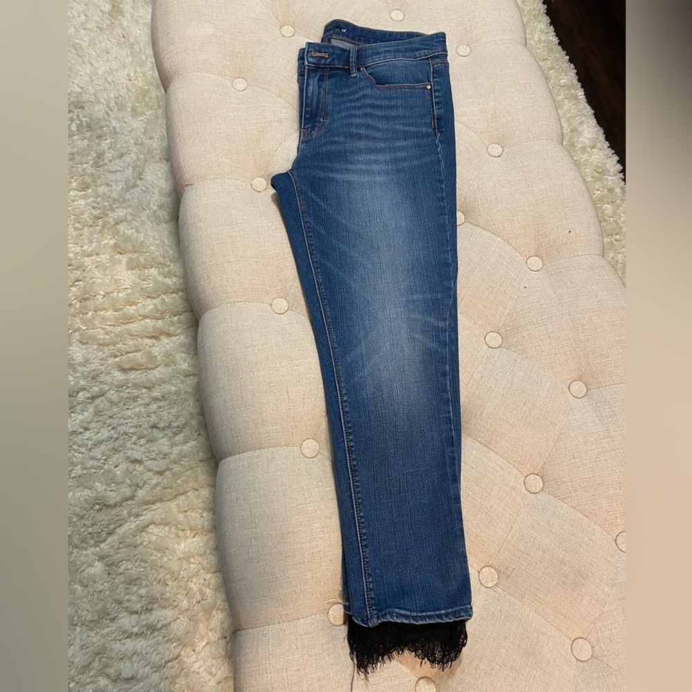 WH/BM high rise skinny ankle jeans with black lace details woman’s 8P